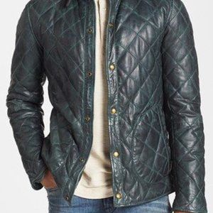 Scotch & Soda Emerald Green Quilted Leather Coat RARE